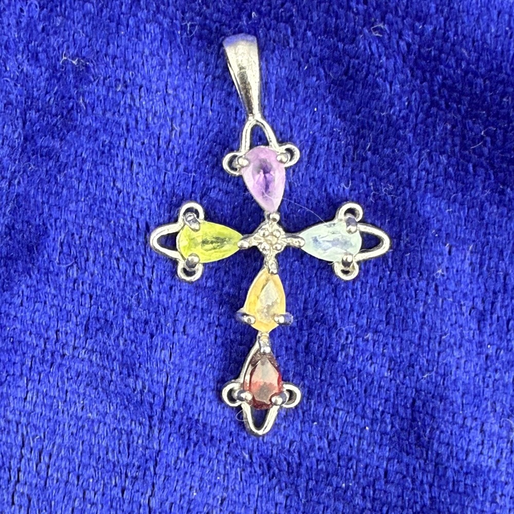 Vintage Sterling Silver Cross Pendant Necklace Rhinestone READ